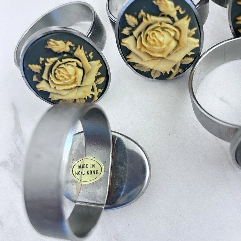 Vintage‎ Ivory Rose on Blue Background Stainless Steel Napkin Rings Lot of 8 AAA